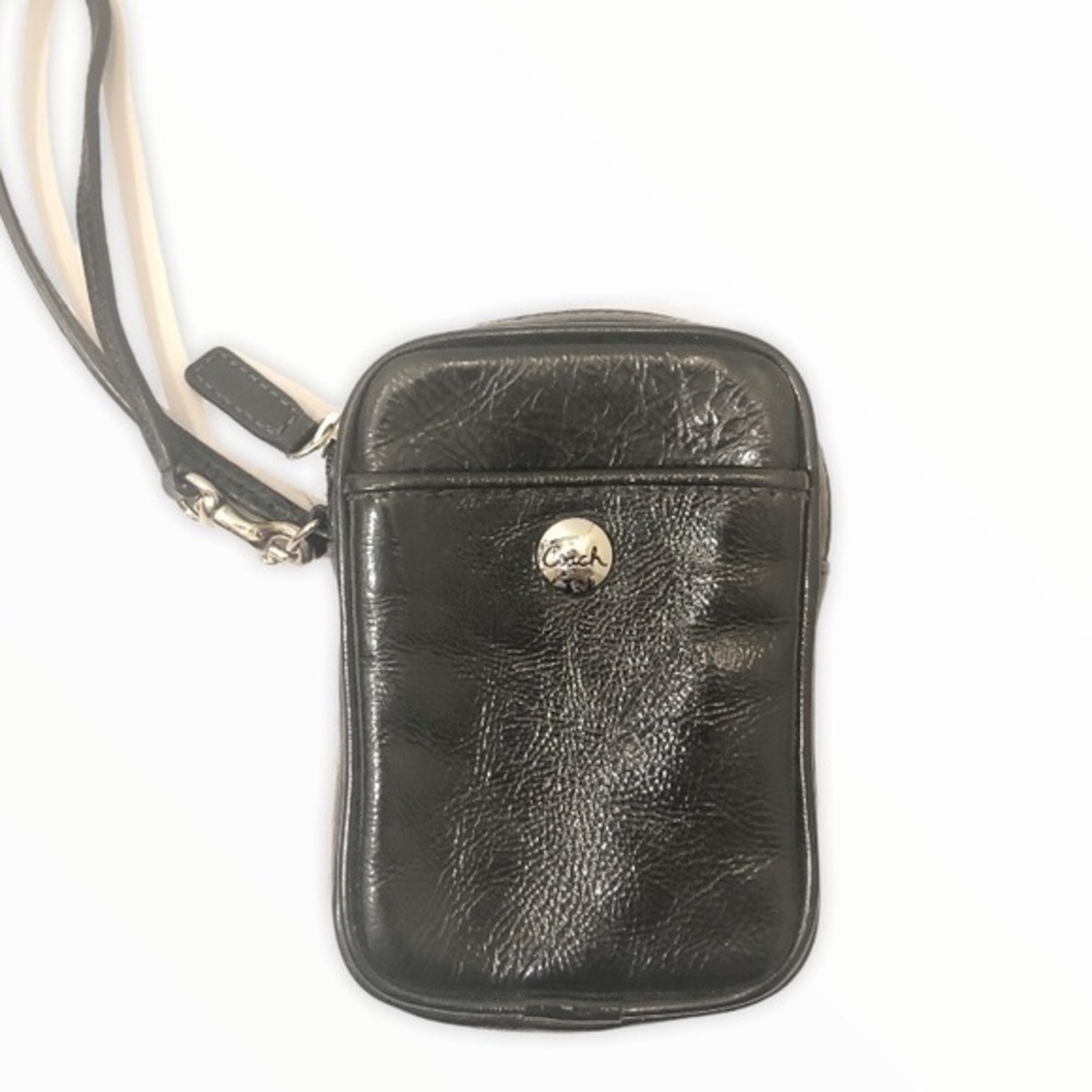 Coach black patent leather wristlet mini bag